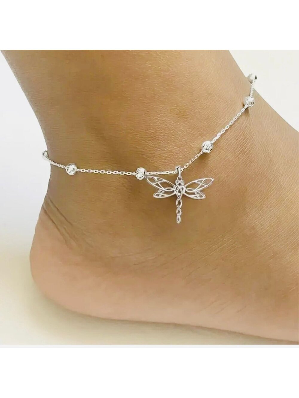 New - Vintage Style - Silver Boho Cutout Dragonfly Anklet